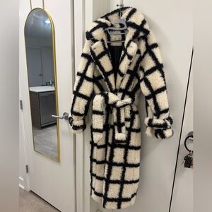 Topshop mono check longline teddy coat